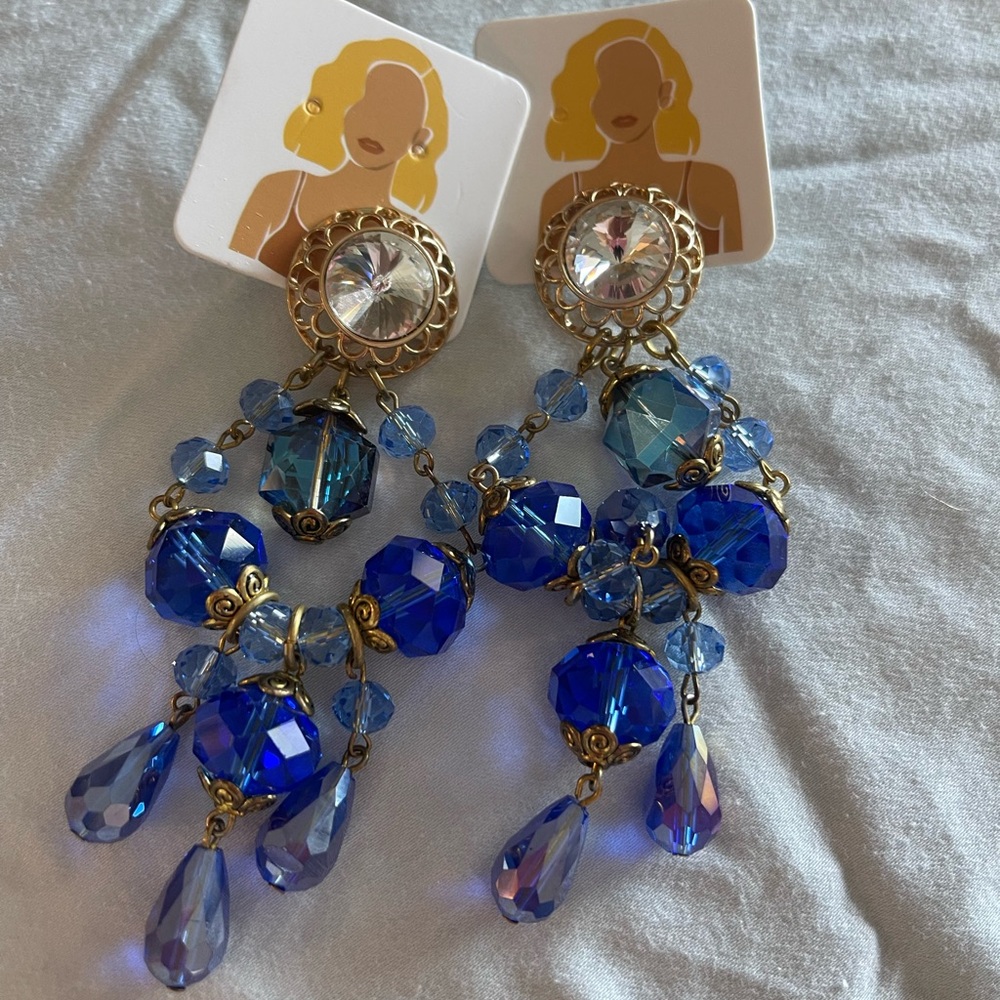 Blue and Gold Crystal Chandelier Earrings